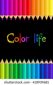 Set of colored pencils on a black background. Color pencil text. Vector illustration