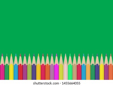 Set of colored Pencils on the edge of green background . Illustration for design and decoration of children's and school pictures.