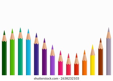 Set of colored pencils on white background arranged in wave shape with empty space for text.