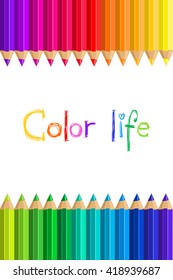 Set of colored pencils on a white background. Color pencil text. Vector illustration