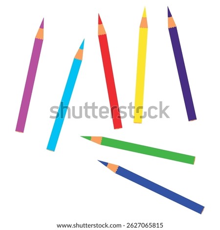 Set of colored pencils on a white background. Scattered colored pencils of bright colors. Soon to school. Supplies for drawing, creativity. Isolated vector illustration.