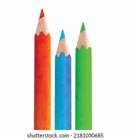 Eine Reihe von farbigen Bleistiften, orangefarbenes, blaues Grün auf weißem Hintergrund Realistische Aquarellfarbe, Vektorgrafik Drei Kreuze für Illustrationen Kunst studieren Bereit für Schulzeug