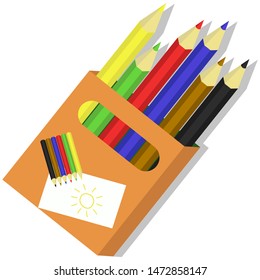 set of colored pencils in a package, five pieces, vector graphics on a white background