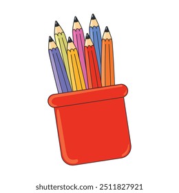 Set of colored pencils in red container cartoon Vector