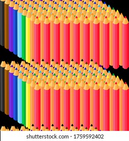 Set of colored pencils rows on black background. Measures for the school Red, orange, yellow, green, light blue, blue, purple, brown, black colored pencils. Rainbow color. Vector illustration