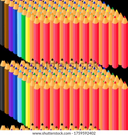 Set of colored pencils rows on black background. Measures for the school Red, orange, yellow, green, light blue, blue, purple, brown, black colored pencils. Rainbow color. Vector illustration