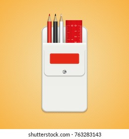 A set of colored pencils and ruler in a white pocket with a label and a button. Pencils for drawing red, black and white colors. School stationery for decoration