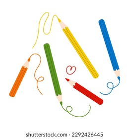 Set of colored pencils with scribble lines. Colorful crayons drawing strokes, heart. Art, creating, education concept. Back to school. Flat cartoon vector illustration