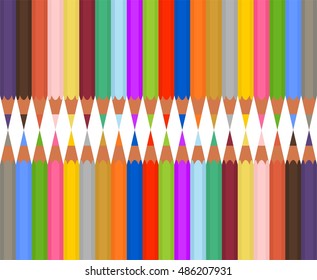 Set of colored pencils sharp side by side and opposite top and bottom. The wooden pencils connected in the center of the white background