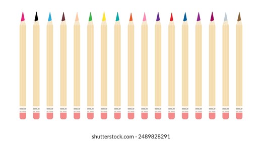 Set of colored pencils with sharp tips and erasers. Multicolored drawing and painting wooden tools. Artist stationery, school supplies.