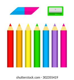 Set of colored pencils with sharpener and eraser in flat style isolated on white background, in vector