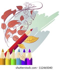 Set of colored pencils and a sketch of the autumn branch