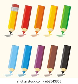 Set colored pencils with stroke: red, orange, yellow, green, blue, purple, brown, black.