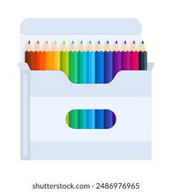 Set of colored pencils in a white box. Flat vector illustration isolated on white background. Creativity and education concept. Perfect for back to school and educational materials