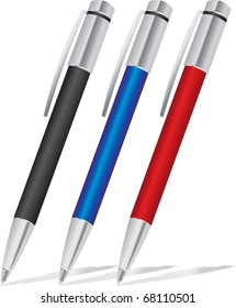 set of colored pens: blue, black and red