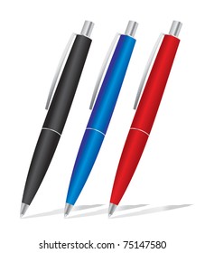 set of colored pens: blue, black and red