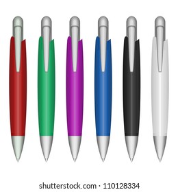 Set of colored pens: red, green, violet, blue, black, white. For school or office.