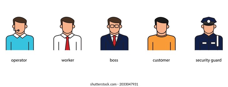 Set of colored people in office thin icon isolated on white background. sign and symbol.