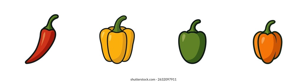 Satz von farbigen Paprika Vektor. Vektorsymbol-Set aus scharfen und süßen Paprika. Paprika, Chili, Jalapeno, Habanero. Fruchtvektor. Vektorgrafik.