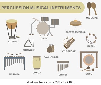 Set of colored percussion musical instruments. Percussion instruments with the name. EPS 10.