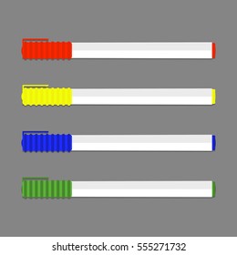 Set of colored permanent marker. Pencil for highlight, marker for whiteboard. Vector illustration
