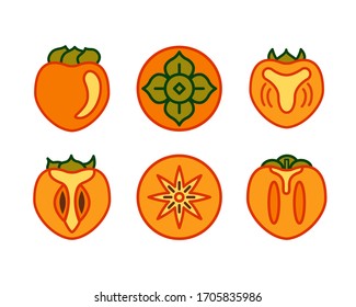 Conjunto de persimón de color, iconos de frutas kaki aislados en fondo blanco. Simple elemento plano. Ilustración vectorial.