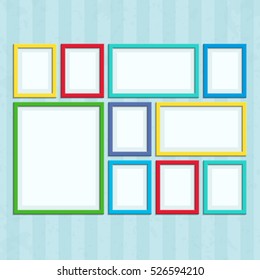 Set of colored photo frames. Colored photo frame on vintage wall in a flat style isolated on a background. 