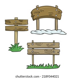 Un conjunto de imágenes de colores, varios viejos carteles de madera marrón en un poste, ilustración vectorial en estilo de caricatura sobre un fondo blanco
