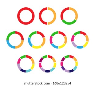 set of colored pie charts for 1,2,3,4,5,6,7,8,9,10 steps or sections to illustrate a business plan, infographic, reporting. Simple design, stock vector illustration.