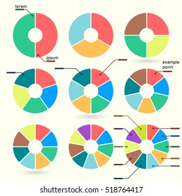Set of colored pie charts with rounded forms. Templates sectoral charts. Colorful elements for infographics. Vector