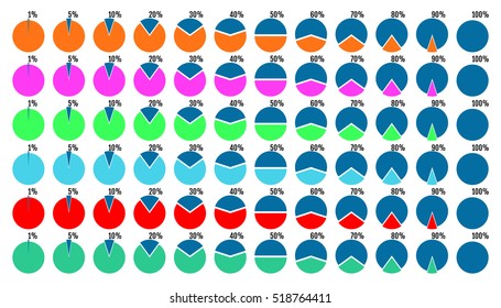 Set of colored pie charts with symmetric segment of percent. Templates sectoral graphs in flat style. Business data, colorful elements for infographics. Vector
