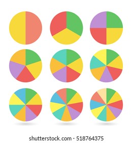 Set von farbigen Kuchendiagrammen. Vorlagen für sektorale Grafiken im flachen Stil. Farbige Elemente für Infografiken. Vektorgrafik