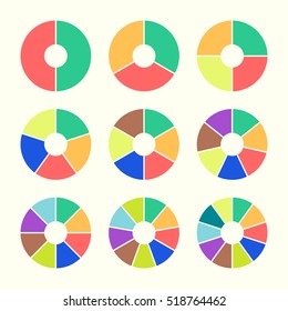Set of colored pie charts. Templates sectoral graphs in flat style. Colorful elements for infographics. Vector