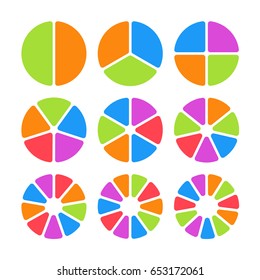 Set of colored pie charts. Templates sectoral graphs in flat style. Colorful elements for infographics. Vector