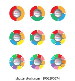 set of colored pie charts for the user interface. A circular graph with steps, sections, or stages from 2 to 10. Round infographic template for web and graphic design. Flat style.