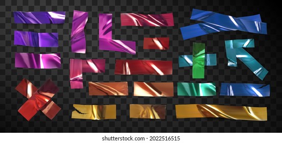 Set of colored pieces of scotch tape on a transparent background. Realistic pieces of colored, decorative sticky tape or scotch tape for attaching. Realistic 3D vector illustration.	