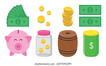 Set of colored piggy banks, money in cartoon style. Vector illustration of various piggy banks for saving money: piggy bank, jar, wooden barrel, isolated on white background.