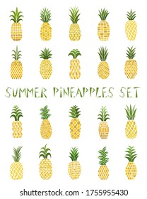 Set of colored pineapples. Big collection of juicy tropical fruits. Vector illustration. Hand-drawn. Isolated over white background. Decorative pineapples for your design with text.