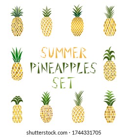 Set of colored pineapples. Collection of juicy tropical fruits. Vector illustration. Hand-drawn. Isolated over white background. Decorative pineapples for your design with text.