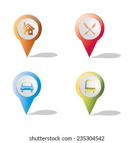 a set of colored pins with different icons