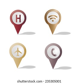 a set of colored pins with different icons