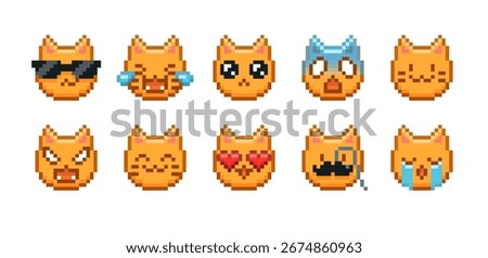 Set of colored pixel cat emoticons, with different facial expressions, 8-bit icons. Retro style 90s. Happy, angry, laughing characters, emoji. For messages, video game stickers. Vector illustration.