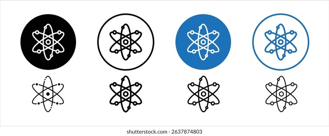 Set of colored pixel perfect Atom scientific icon with 1 unexpanded, 1 silhouette, Scientific atom icon symbolizing molecular structure and atomic science.