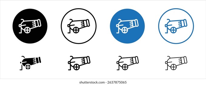 Set of colored pixel perfect Cannon icon with 1 unexpanded, 1 silhouette, Vintage cannon icon depicting historical artillery and warfare.
