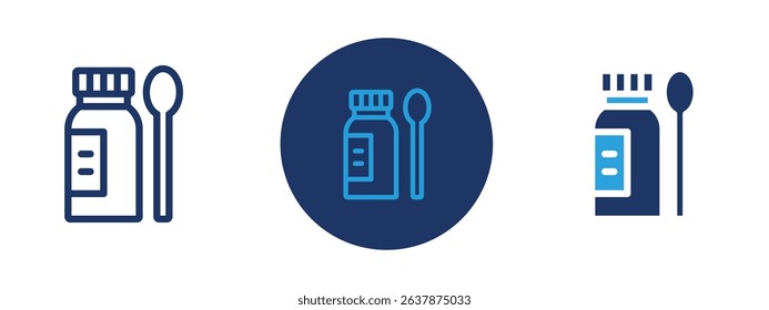 Set of colored pixel perfect cough syrup icon with 1 unexpanded, 1 silhouette, Icon of a bottle of cough syrup, indicating medicine for colds and throat relief.