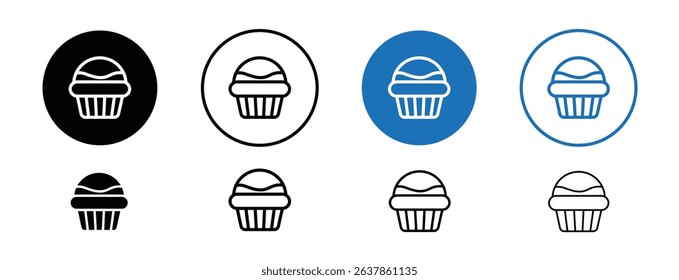 Set of colored pixel perfect Cupcake icon with 1 unexpanded, 1 silhouette, Cute cupcake icon representing baked goods, dessert, and sweets.