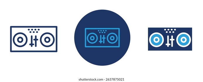 Set of colored pixel perfect Dj icon with 1 unexpanded, 1 silhouette, DJ icon representing disc jockey, music mixing, and entertainment events.