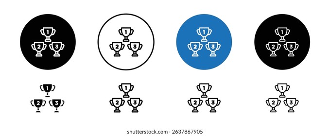 Set of colored pixel perfect First second Third prize trophy cup icon with 1 unexpanded, 1 silhouette, Three trophy cups labeled 1st, 2nd, and 3rd place for ranking and awards.