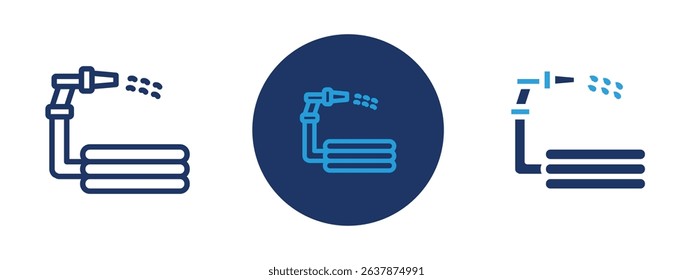 Set of colored pixel perfect garden hose icon with 1 unexpanded, 1 silhouette, Icon of a garden hose used for watering plants and gardening.