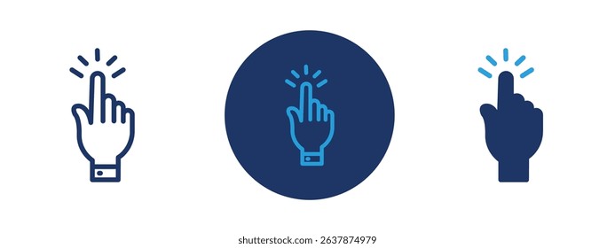 Set of colored pixel perfect Hand clicking icon with 1 unexpanded, 1 silhouette, Hand clicking icon symbolizing selection, interaction, or user interface.